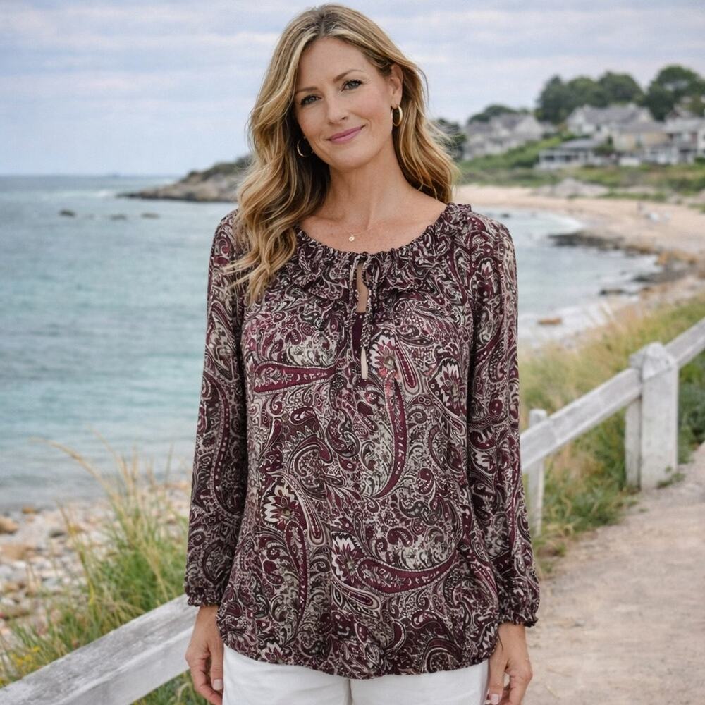 Dressbarn Maroon Paisley Long Sleeve Blouse Top 14/16